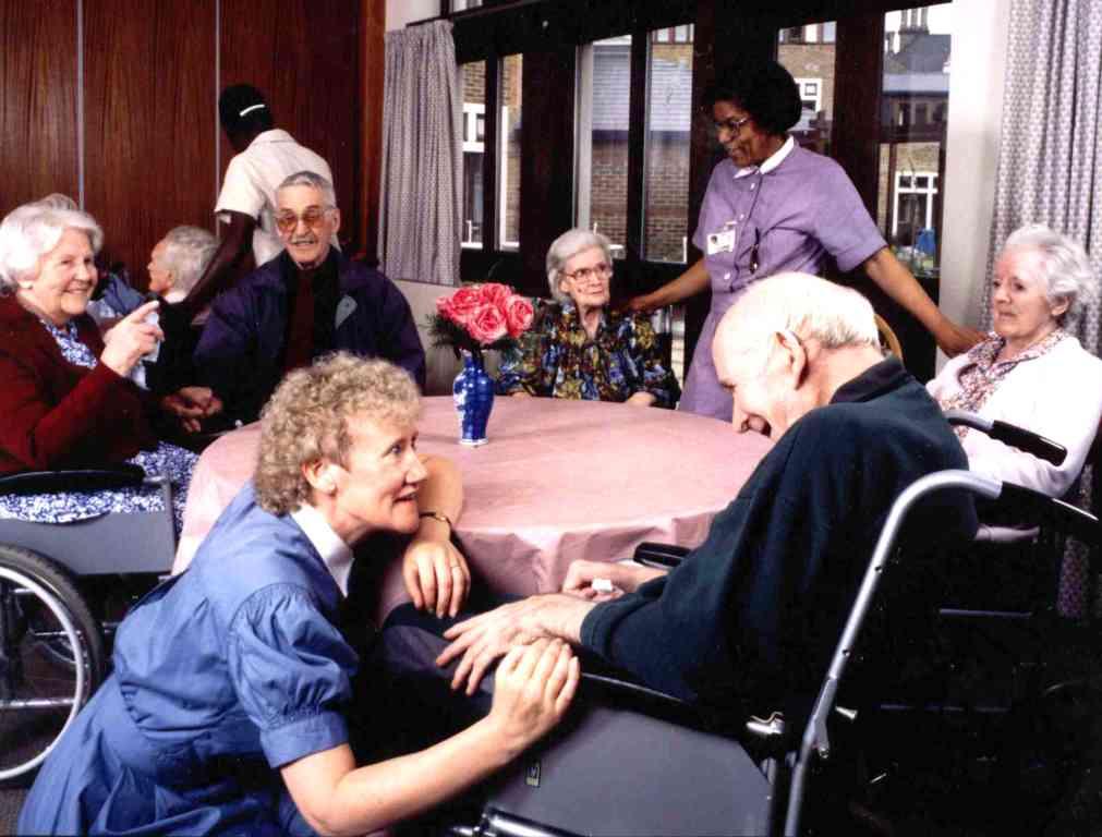 Elderly patients being comforted in the Bancroft Centre, Mile End Hospital, circa 1993