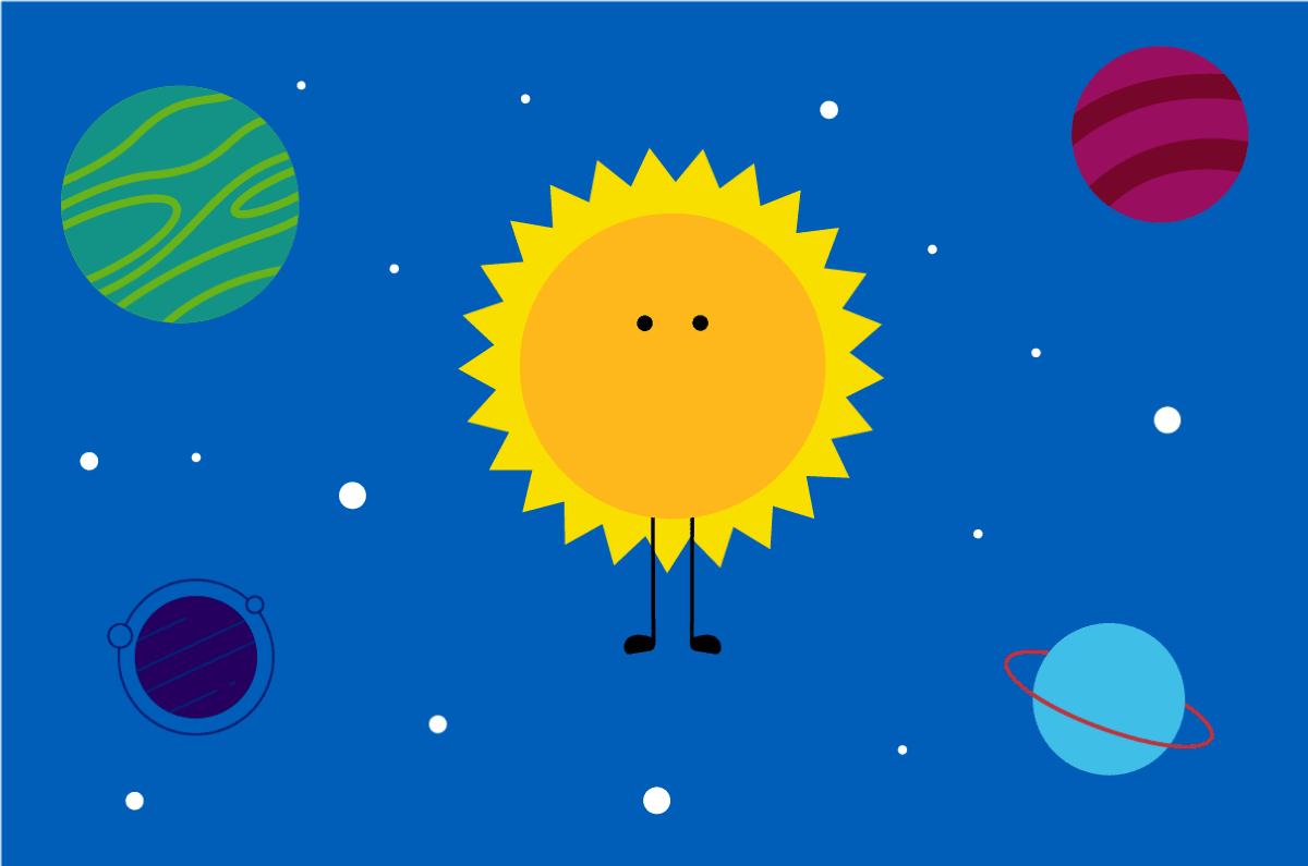 YBH top banner image showing Sunny on a blue background in space