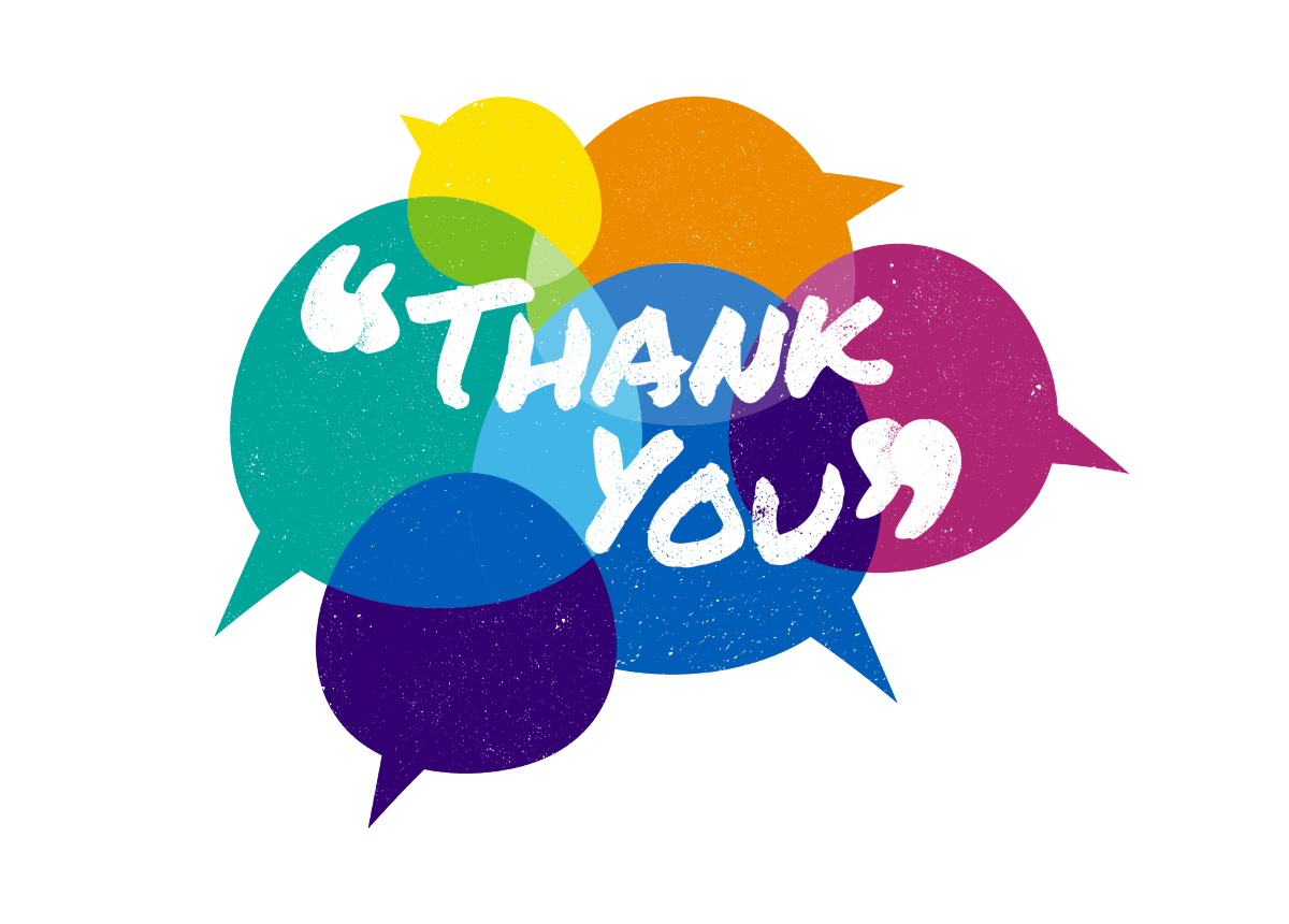 The word thank you in colourful speech bubbles