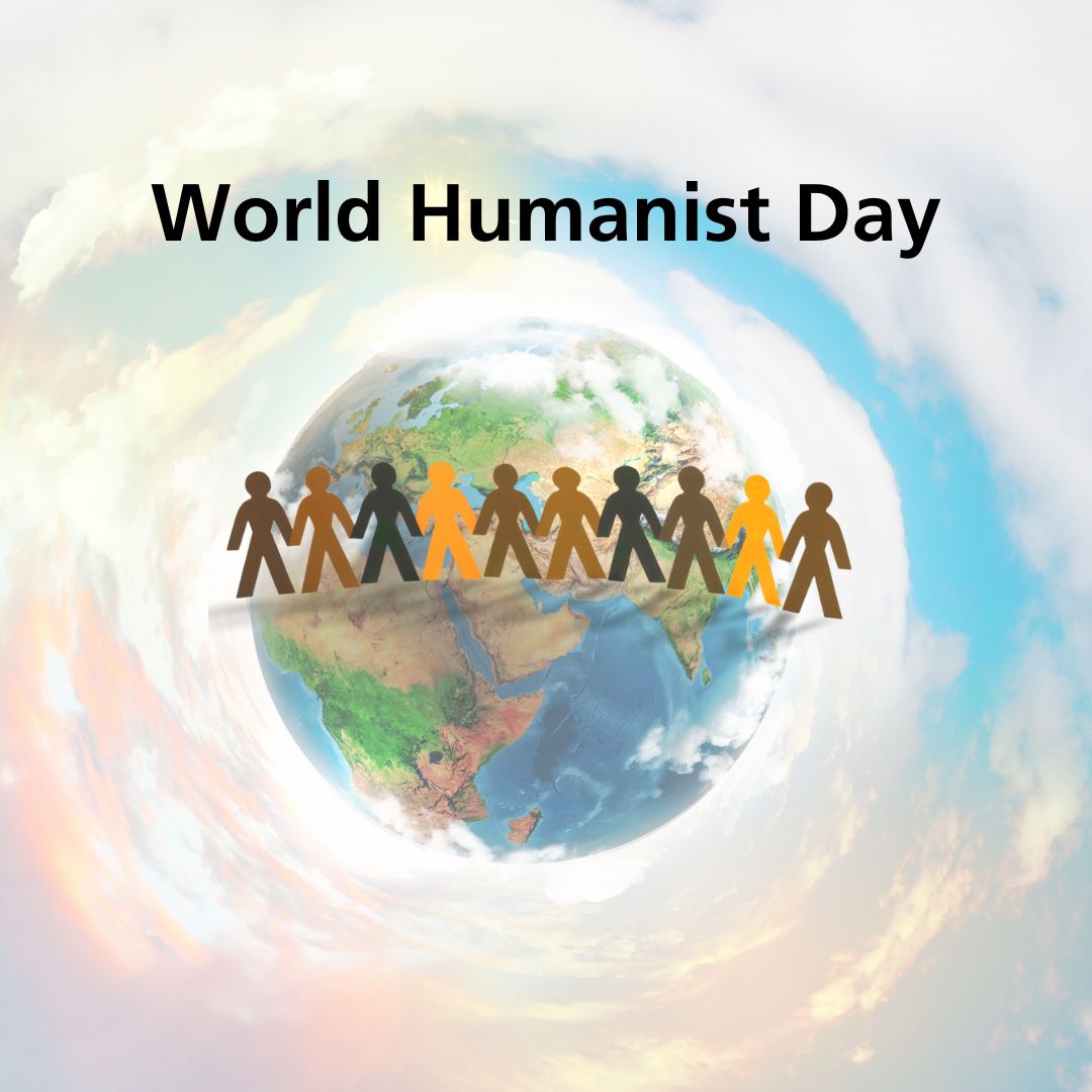 Graphic featuring the earth with humans surrounding saying 'World Humanist Day'